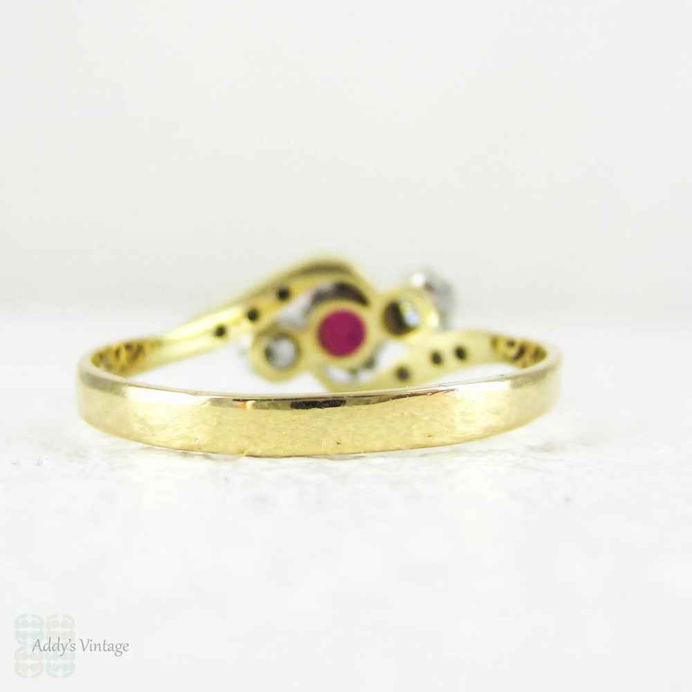 Vintage Ruby & Diamond Engagement Ring, Trilogy Ring in Bypass Twist Style with Diamond Set Shoulders, Circa 1940s, 18 Carat Gold.