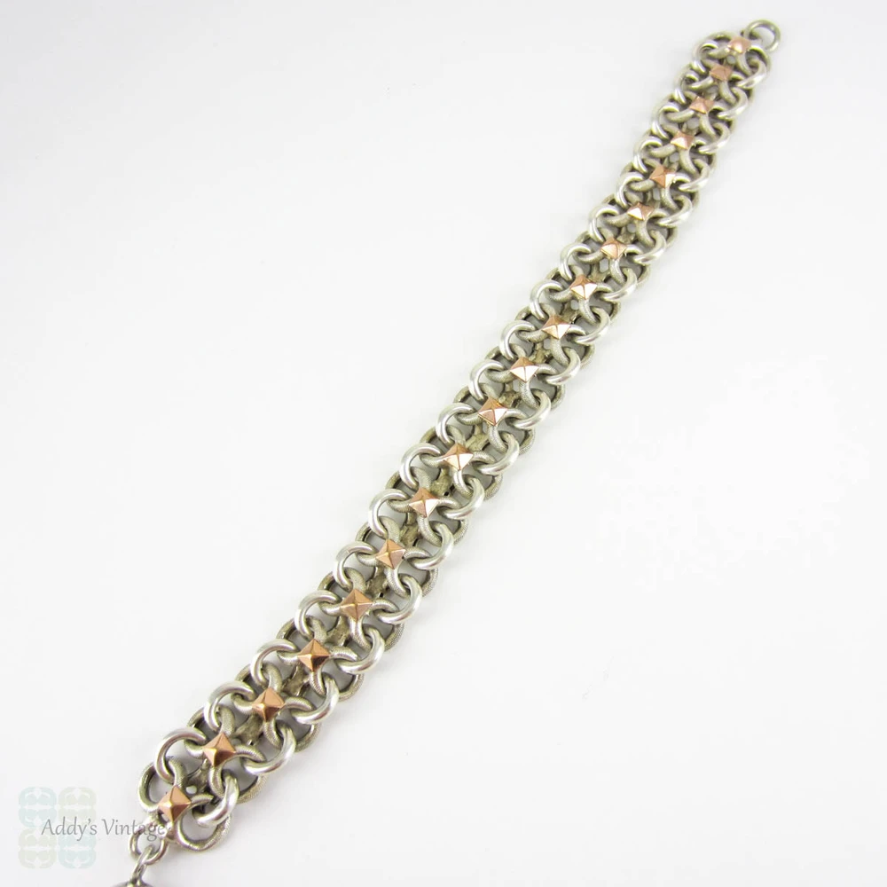 Vintage French Bracelet, Sterling Silver Alternating Beaded Texture & Shiny Figure 8 Links with 9 Carat Rose Gold Accents. Circa 1940s.