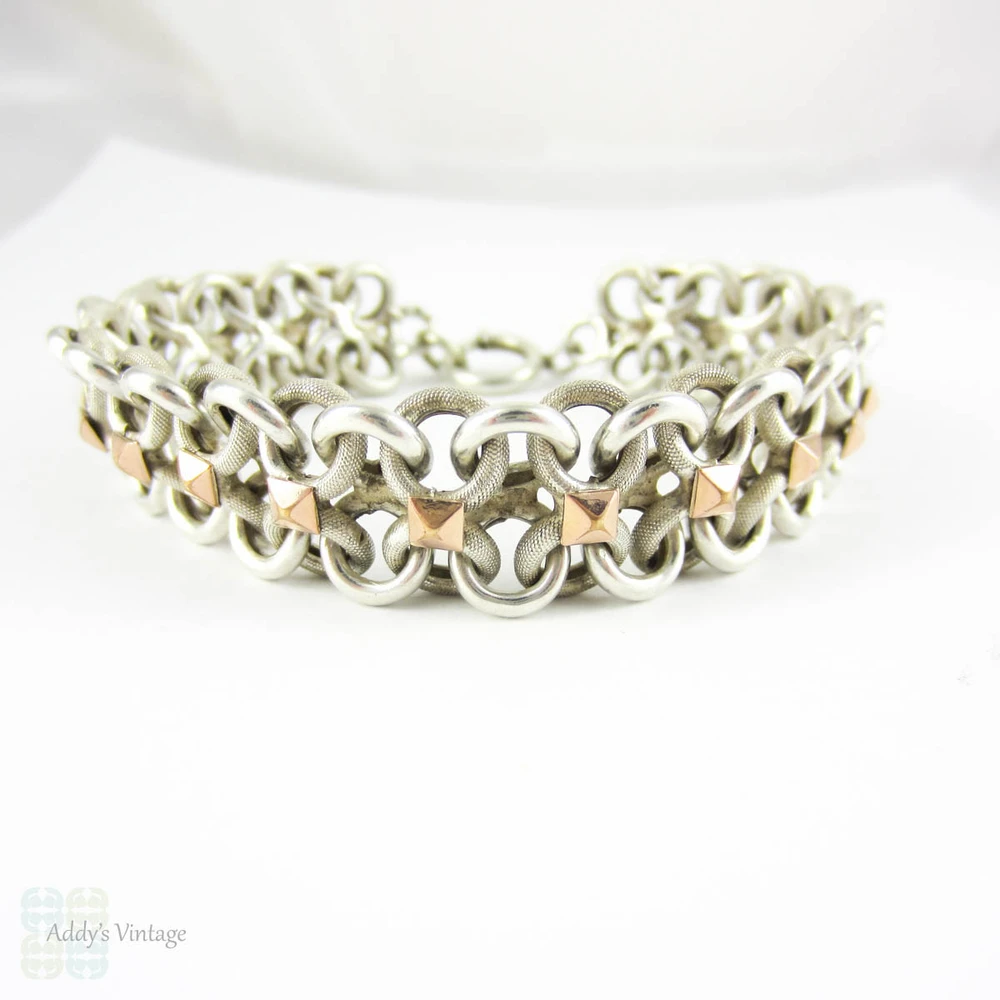 Vintage French Bracelet, Sterling Silver Alternating Beaded Texture & Shiny Figure 8 Links with 9 Carat Rose Gold Accents. Circa 1940s.