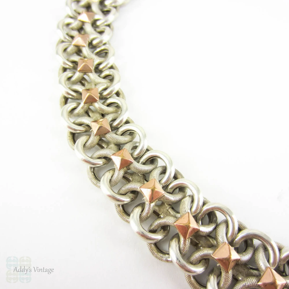 Vintage French Bracelet, Sterling Silver Alternating Beaded Texture & Shiny Figure 8 Links with 9 Carat Rose Gold Accents. Circa 1940s.