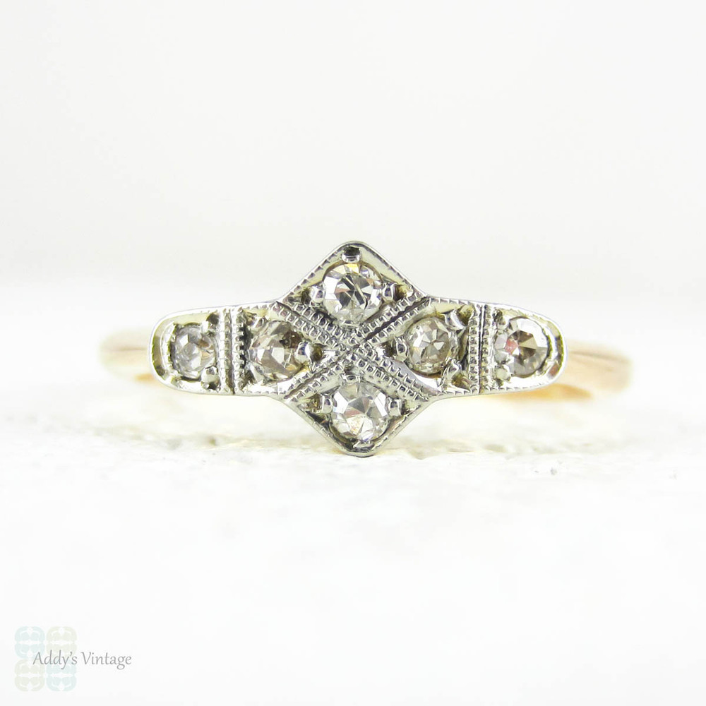 Art Deco Diamond Ring, Sweet Geometric Shape Pave Set Diamond Ring with Milgrain Beading. Yellow Gold & Platinum, Circa 1930s.
