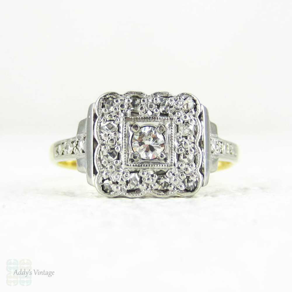 SIZING ONLY - Art Deco Square Design Engagement Ring, Transitional Cut Diamond with French Cut & Table Cut Diamond Halo. Stepped Design, Circa 1930s.