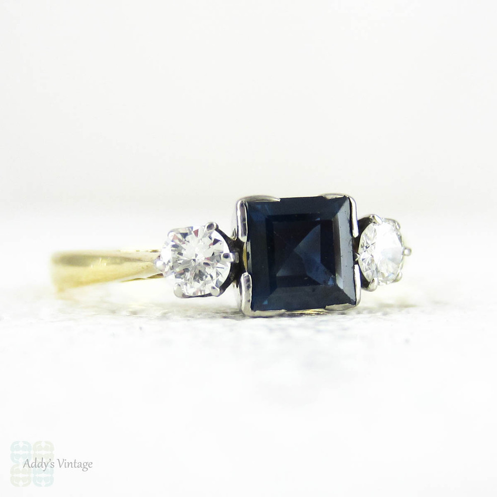 Sapphire & Diamond Engagement Ring, Mid Century Vintage Square Sapphire ...