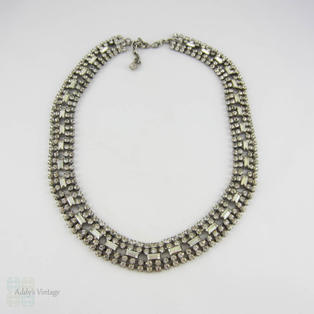 Vintage Rhinestone Necklace, Round and Emerald Cut Wide Diamanté