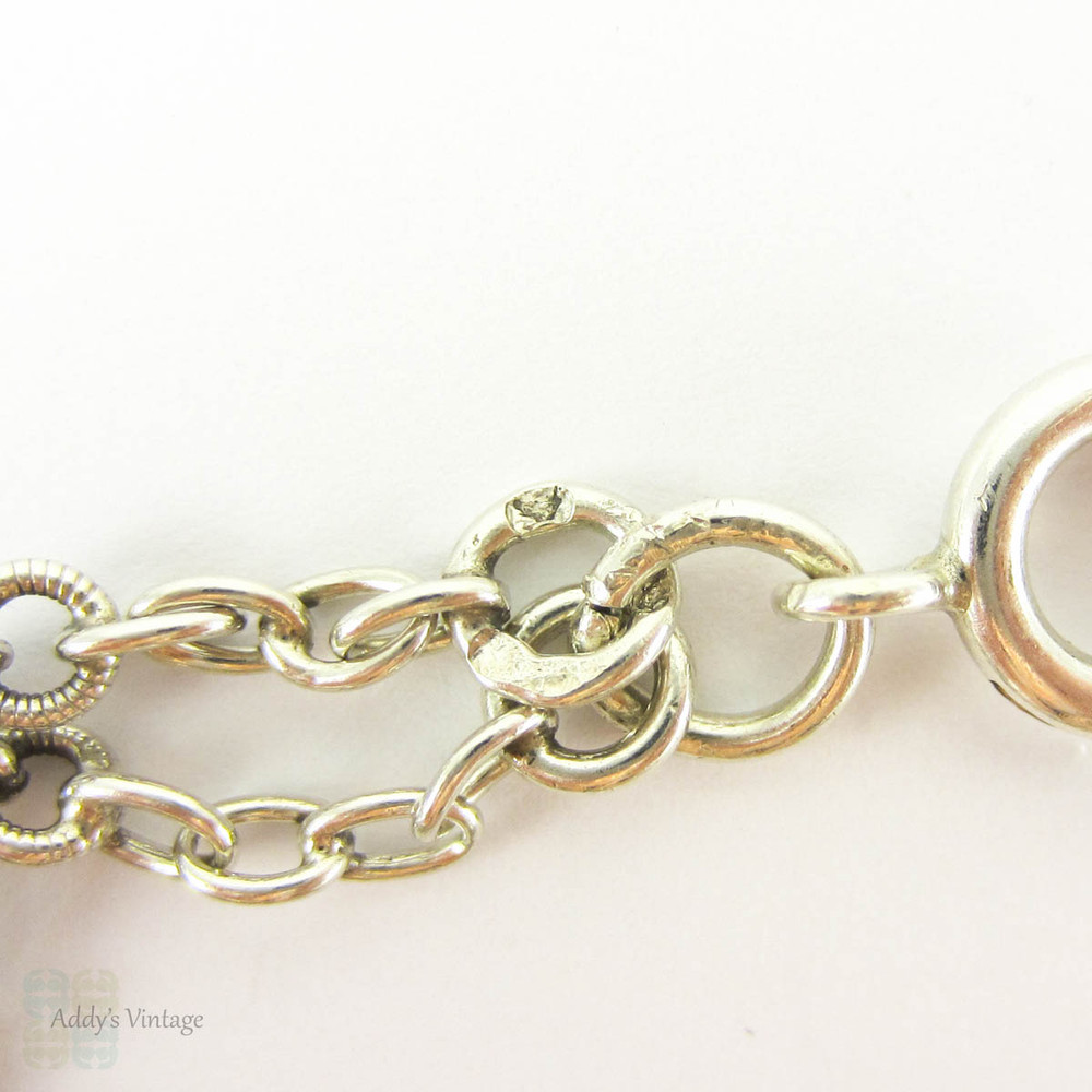 Antique French Sterling Silver Long Guard Chain, Fancy Link Necklace with Large Bolt Clip. Circa 1900s, 152 cm / 60 inches long.