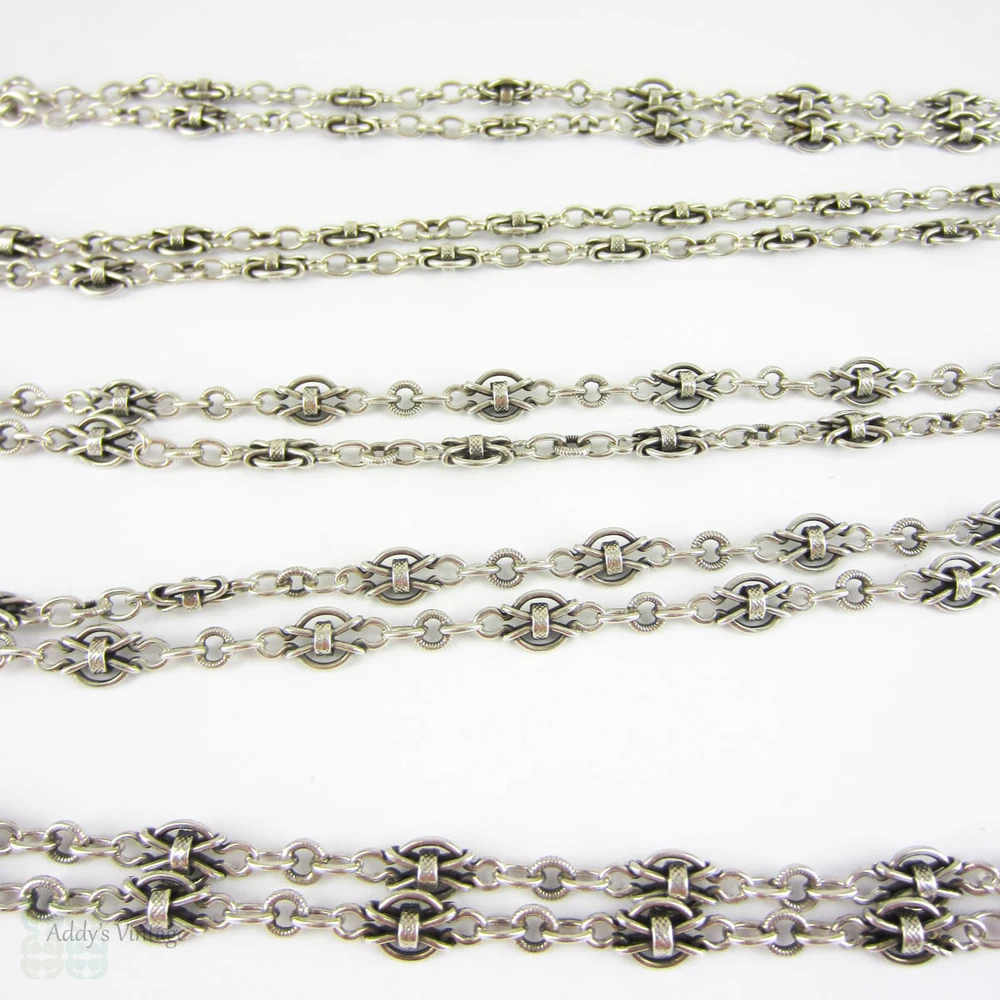 Antique French Sterling Silver Long Guard Chain, Fancy Link Necklace with Large Bolt Clip. Circa 1900s, 152 cm / 60 inches long.