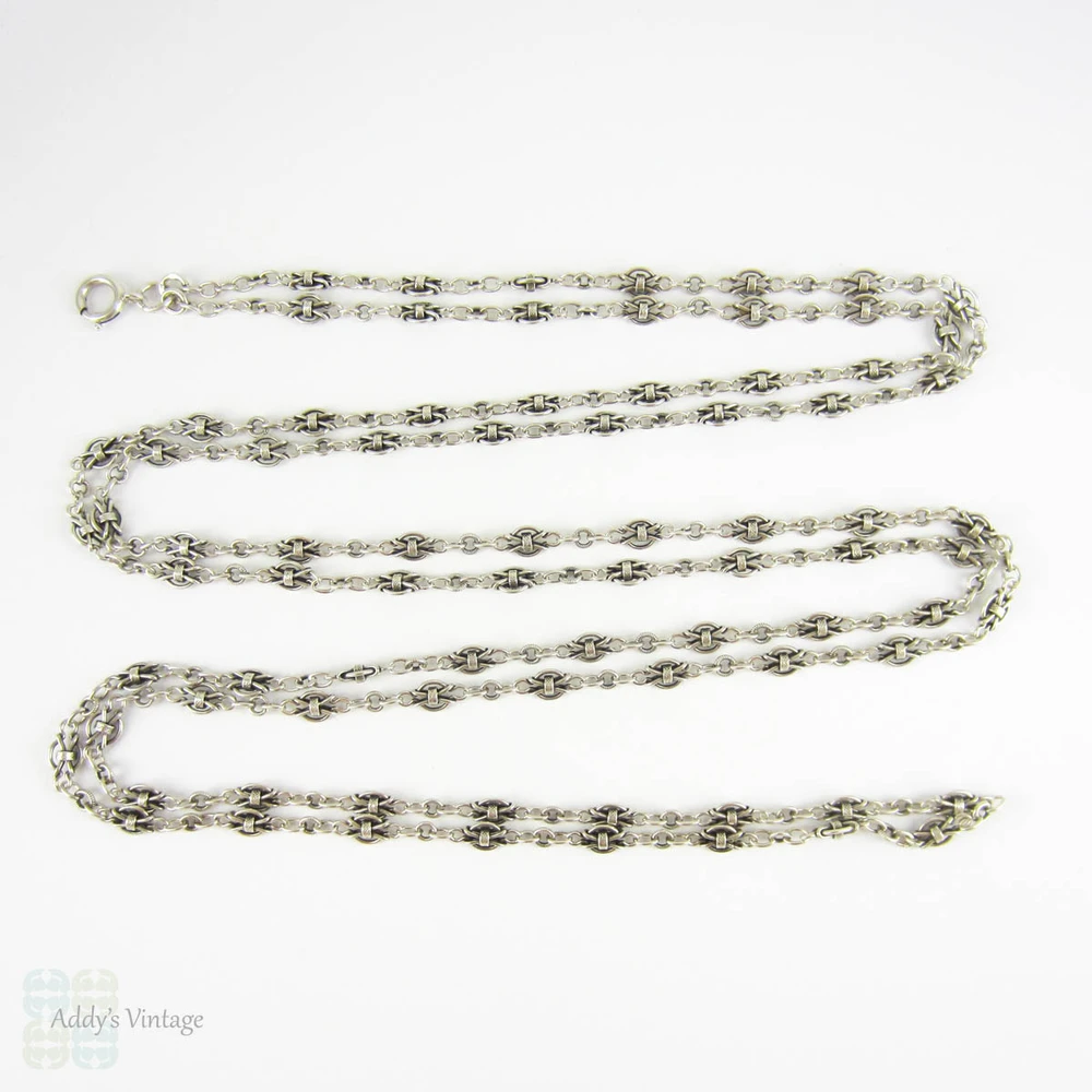 Antique French Sterling Silver Long Guard Chain, Fancy Link Necklace with Large Bolt Clip. Circa 1900s, 152 cm / 60 inches long.