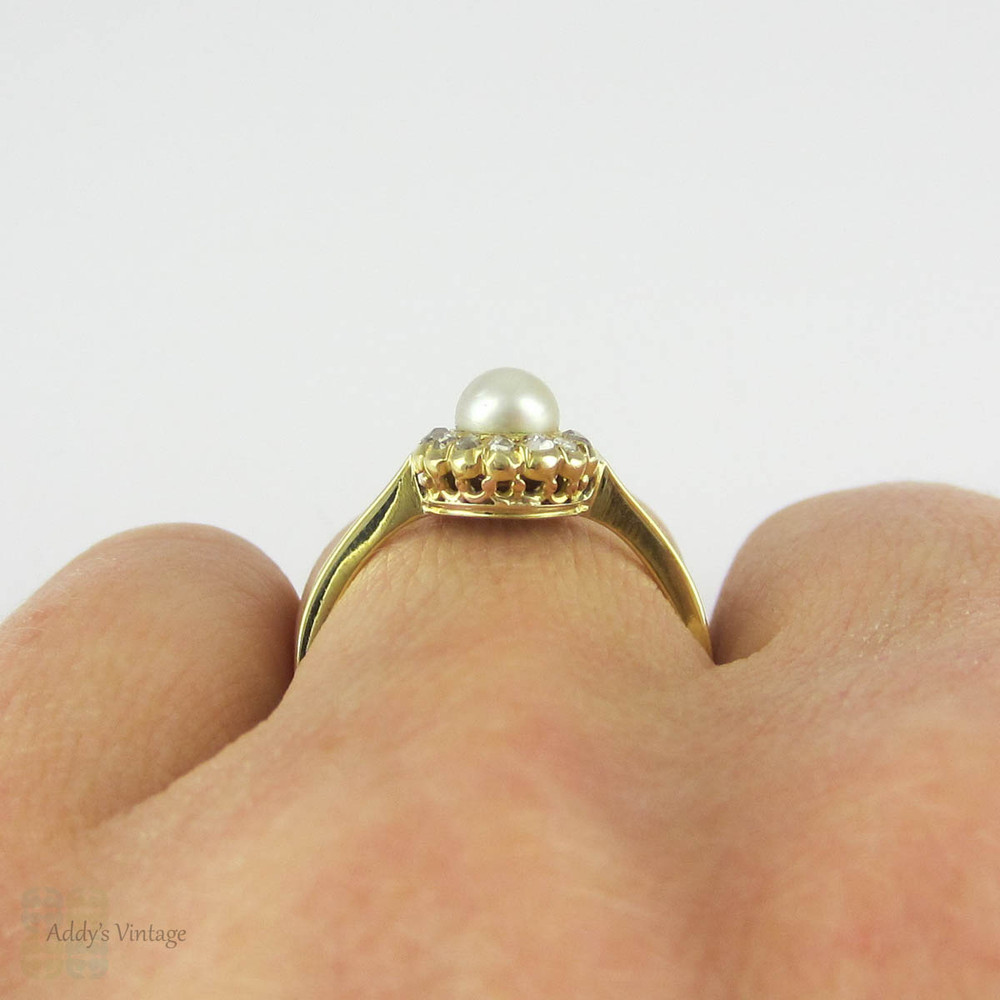 Vintage Pearl & Rose Cut Diamond Ring. White Cultured Pearl with Diamond Halo in 18 Carat Yellow Gold.