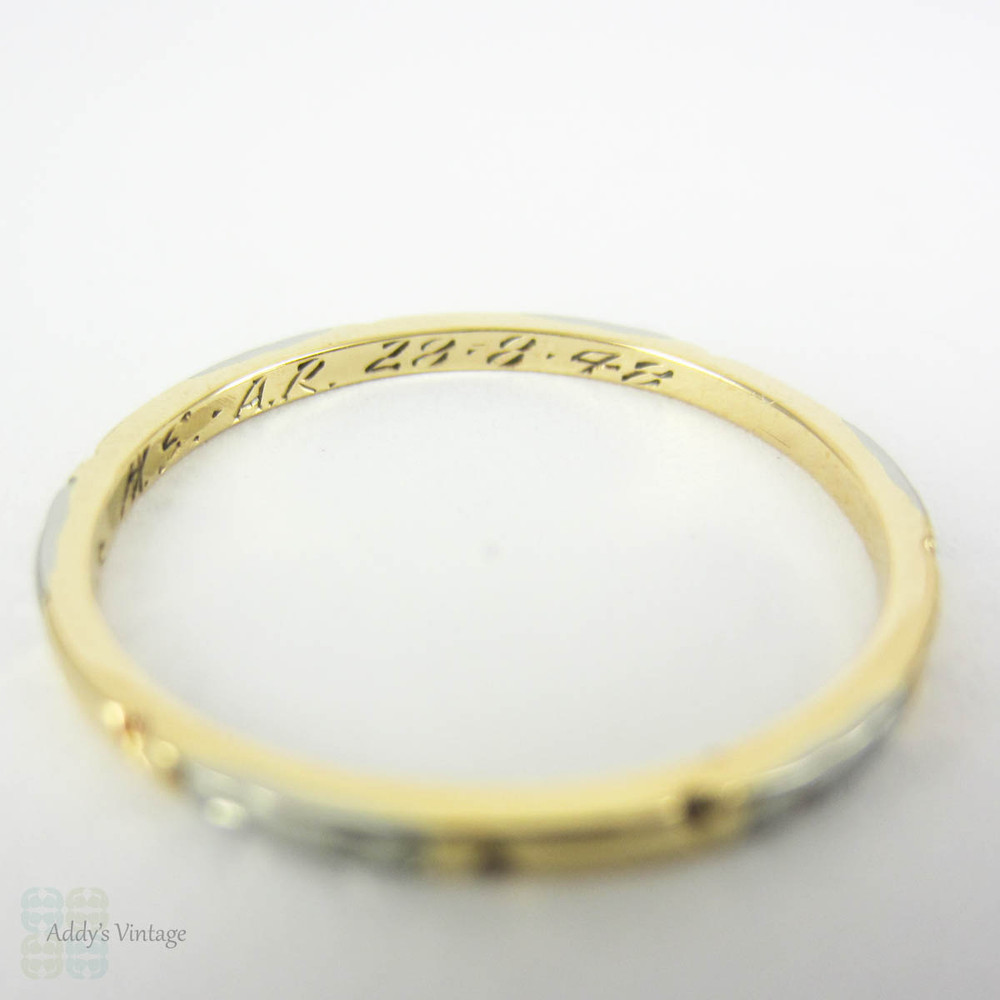 Mid Century Wedding Ring, Engraved Floral Pattern in 18 Carat Yellow with 14 Karat White Gold Accents. Circa 1940s, Size M / 6.25.
