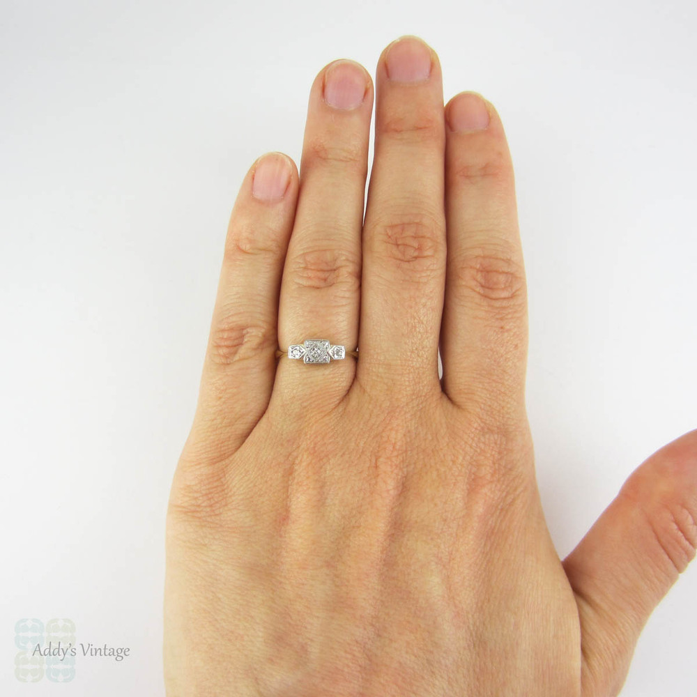Art Deco Three Stone Diamond Ring, Circa 1930s Diamond Trilogy Engagement Ring. 9 Carat Gold & Platinum.