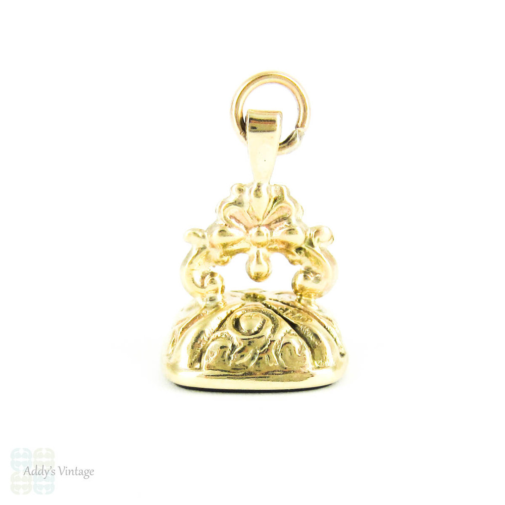 Vintage 9 Carat Gold Fob, Small Gold Watch Fob with Blank Bloodstone Seal and Floral Design Top, Circa 1990s.