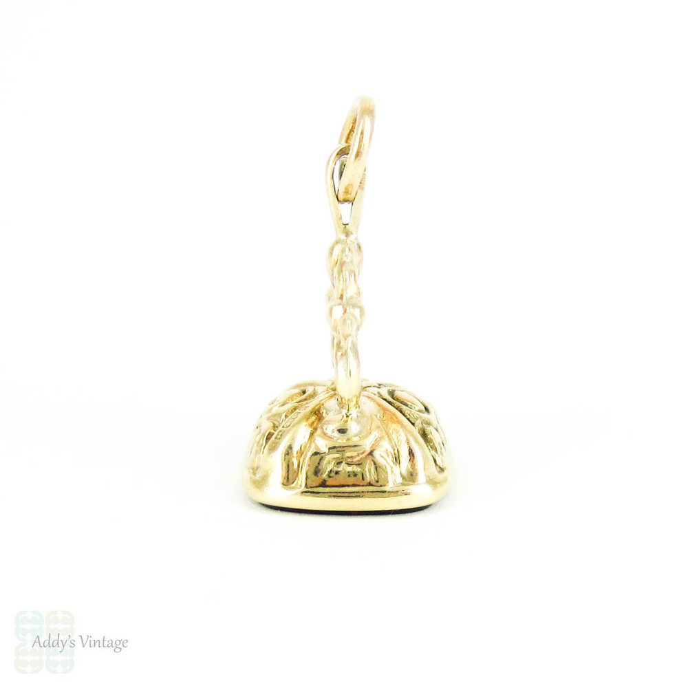 Vintage 9 Carat Gold Fob, Small Gold Watch Fob with Blank Bloodstone Seal and Floral Design Top, Circa 1990s.