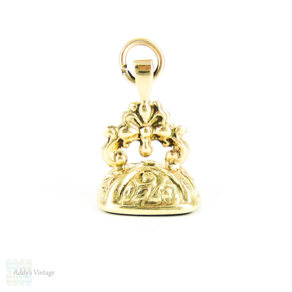 Vintage 9 Carat Gold Fob, Small Gold Watch Fob with Blank Bloodstone Seal and Floral Design Top, Circa 1990s.