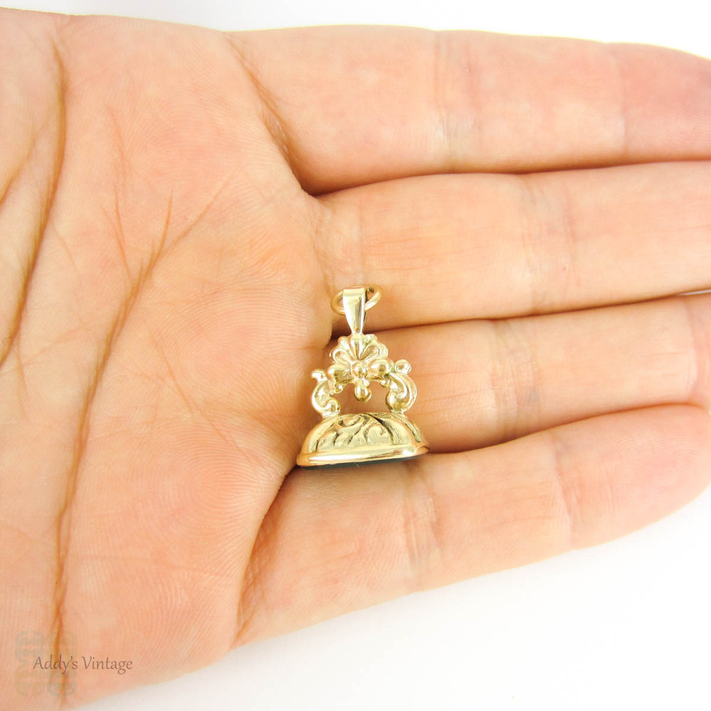 Vintage 9 Carat Gold Fob, Small Gold Watch Fob with Blank Bloodstone Seal and Floral Design Top, Circa 1990s.