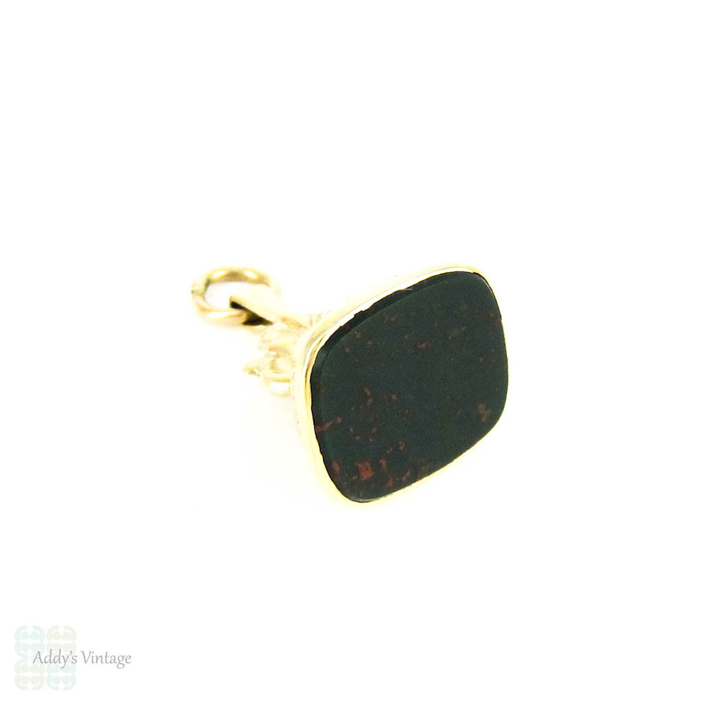Vintage 9 Carat Gold Fob, Small Gold Watch Fob with Blank Bloodstone Seal and Floral Design Top, Circa 1990s.