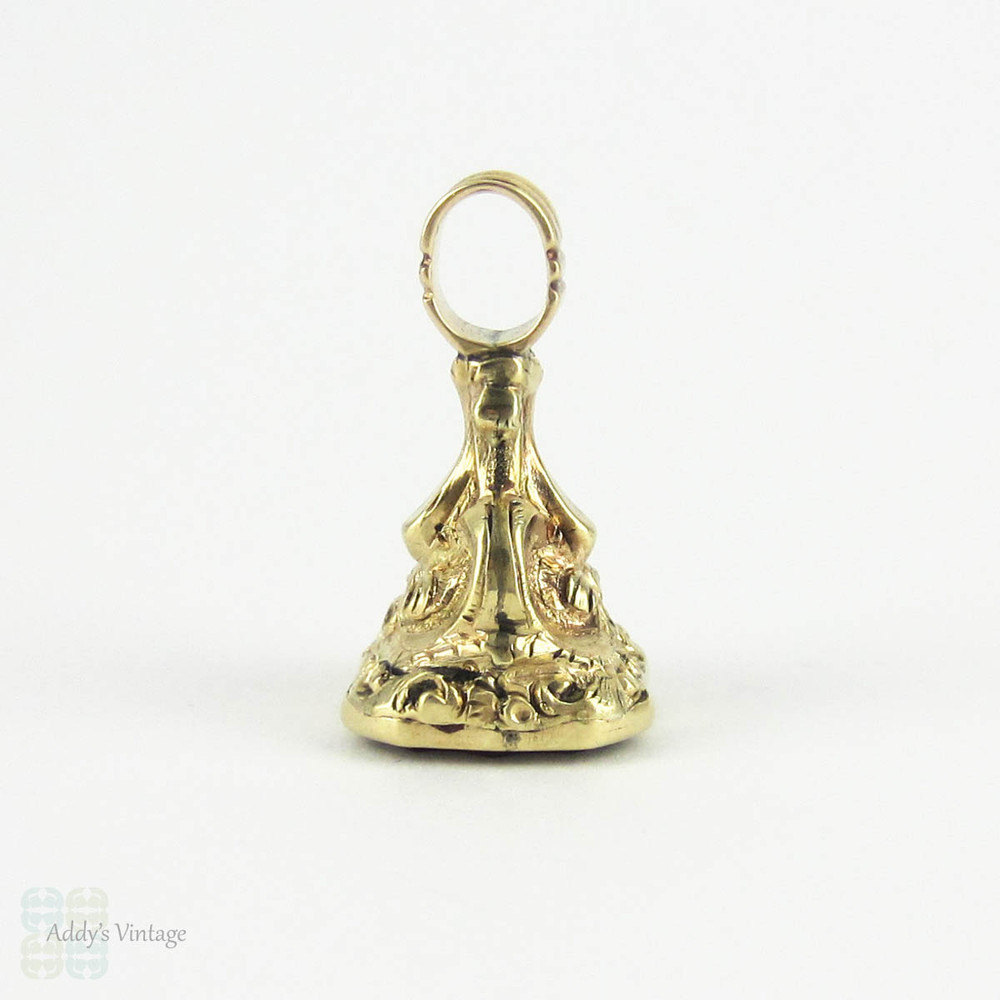 Antique Heraldry Lion Rampant Fob, 1800s Gold Filled Intaglio Seal with Bright Pink Quartz Gemstone. Lion Ranpant Holding Sword.