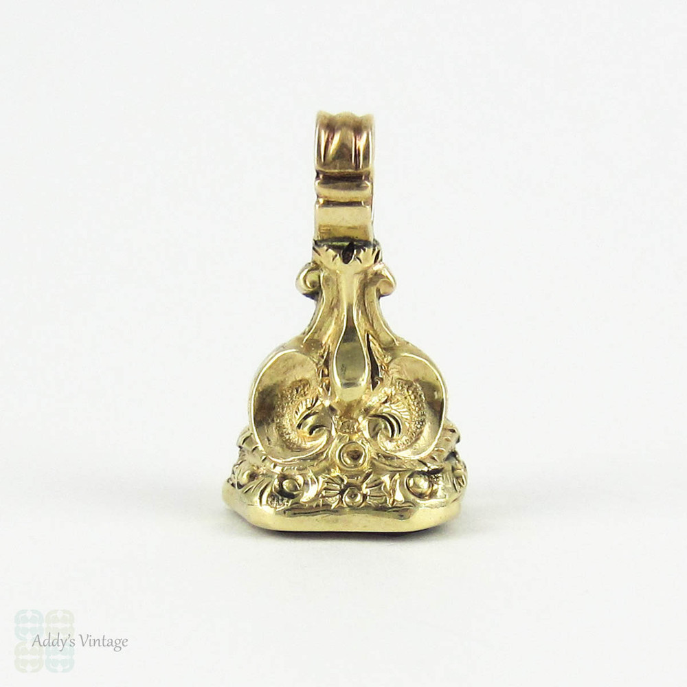 Antique Heraldry Lion Rampant Fob, 1800s Gold Filled Intaglio Seal with Bright Pink Quartz Gemstone. Lion Ranpant Holding Sword.