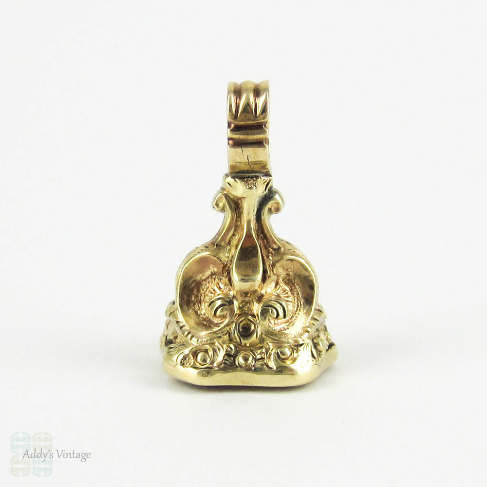 Antique Heraldry Lion Rampant Fob, 1800s Gold Filled Intaglio Seal with Bright Pink Quartz Gemstone. Lion Ranpant Holding Sword.
