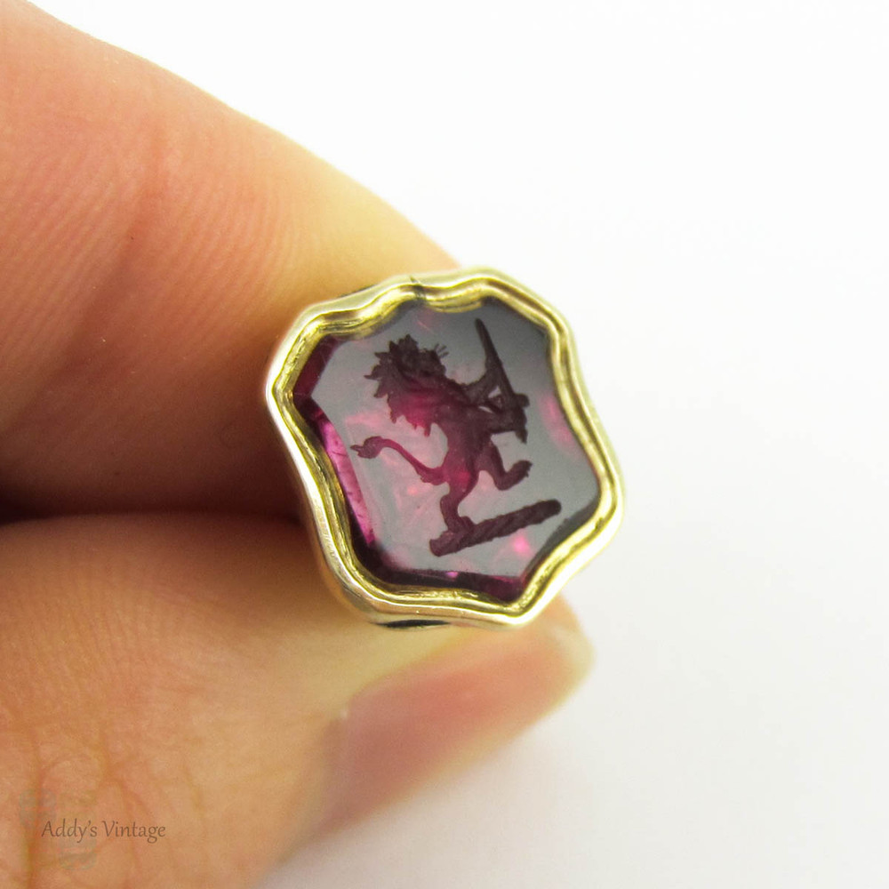Antique Heraldry Lion Rampant Fob, 1800s Gold Filled Intaglio Seal with Bright Pink Quartz Gemstone. Lion Ranpant Holding Sword.