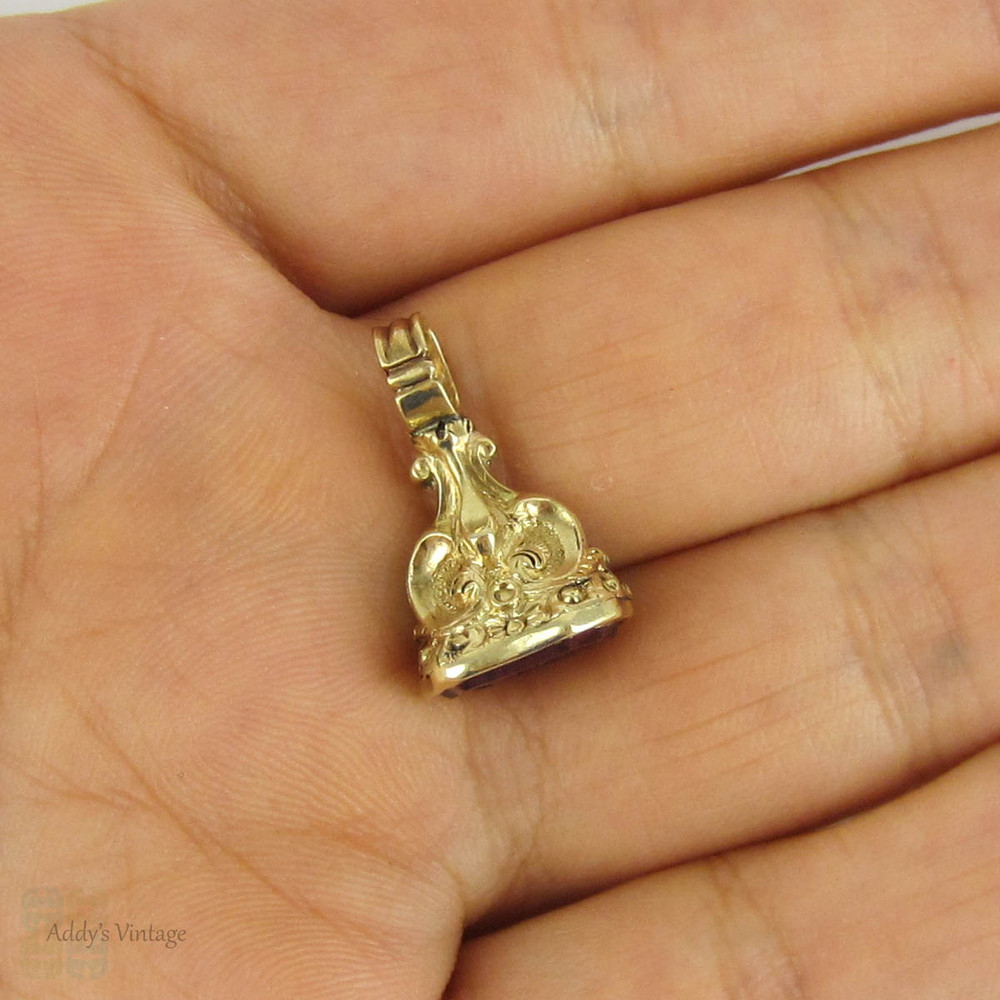 Antique Heraldry Lion Rampant Fob, 1800s Gold Filled Intaglio Seal with Bright Pink Quartz Gemstone. Lion Ranpant Holding Sword.