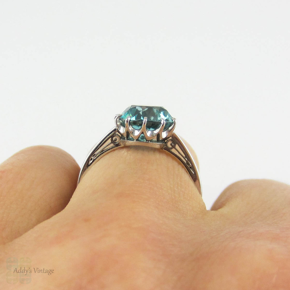 Vintage Blue Zircon & Platinum Engagement Ring, Blue Zircon Solitaire in Platinum Claw Setting, Late Art Deco Single Stone Ring.
