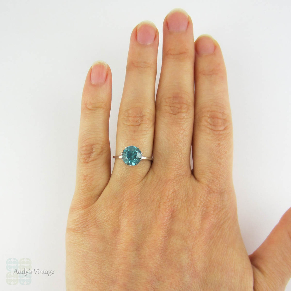 Vintage Blue Zircon & Platinum Engagement Ring, Blue Zircon Solitaire in Platinum Claw Setting, Late Art Deco Single Stone Ring.