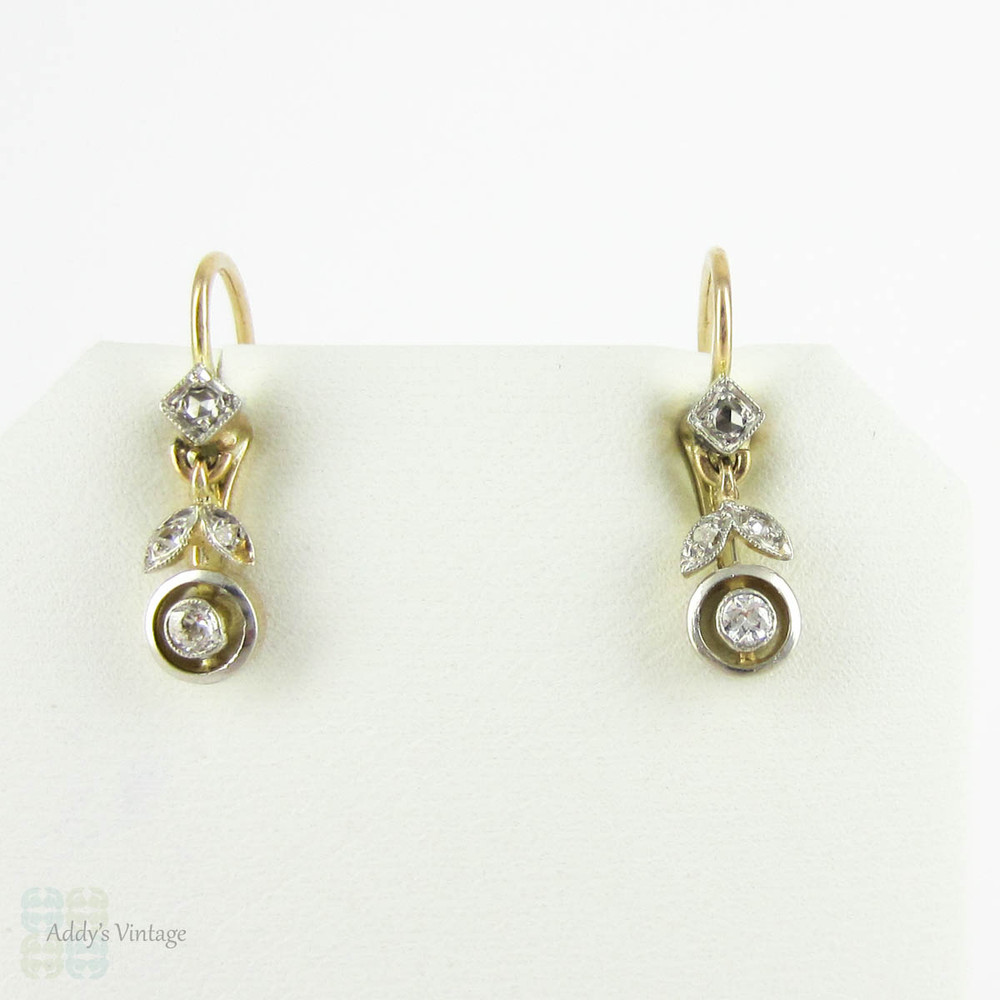 Art Nouveau Diamond Earrings, Floral Design Dangle Earrings with Bezel Set Diamonds. Circa 1910s, 18ct & Platinum.