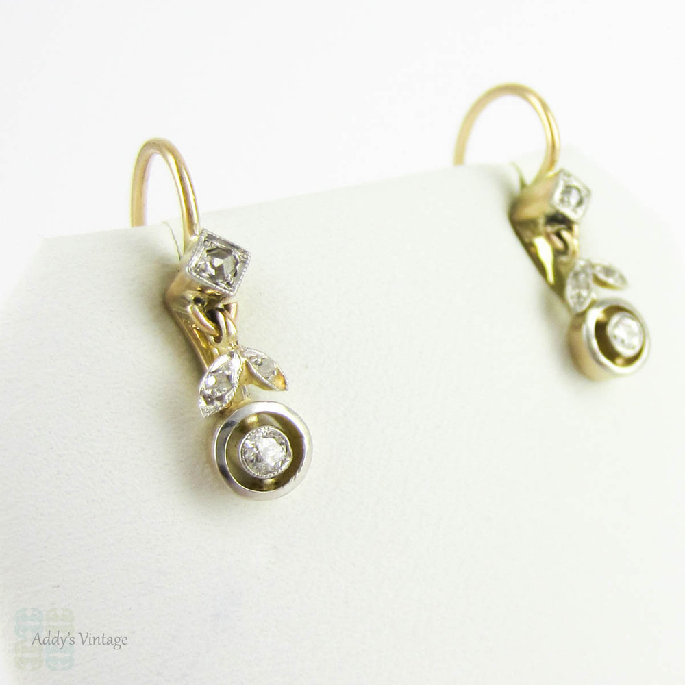 Art Nouveau Diamond Earrings, Floral Design Dangle Earrings with Bezel Set Diamonds. Circa 1910s, 18ct & Platinum.