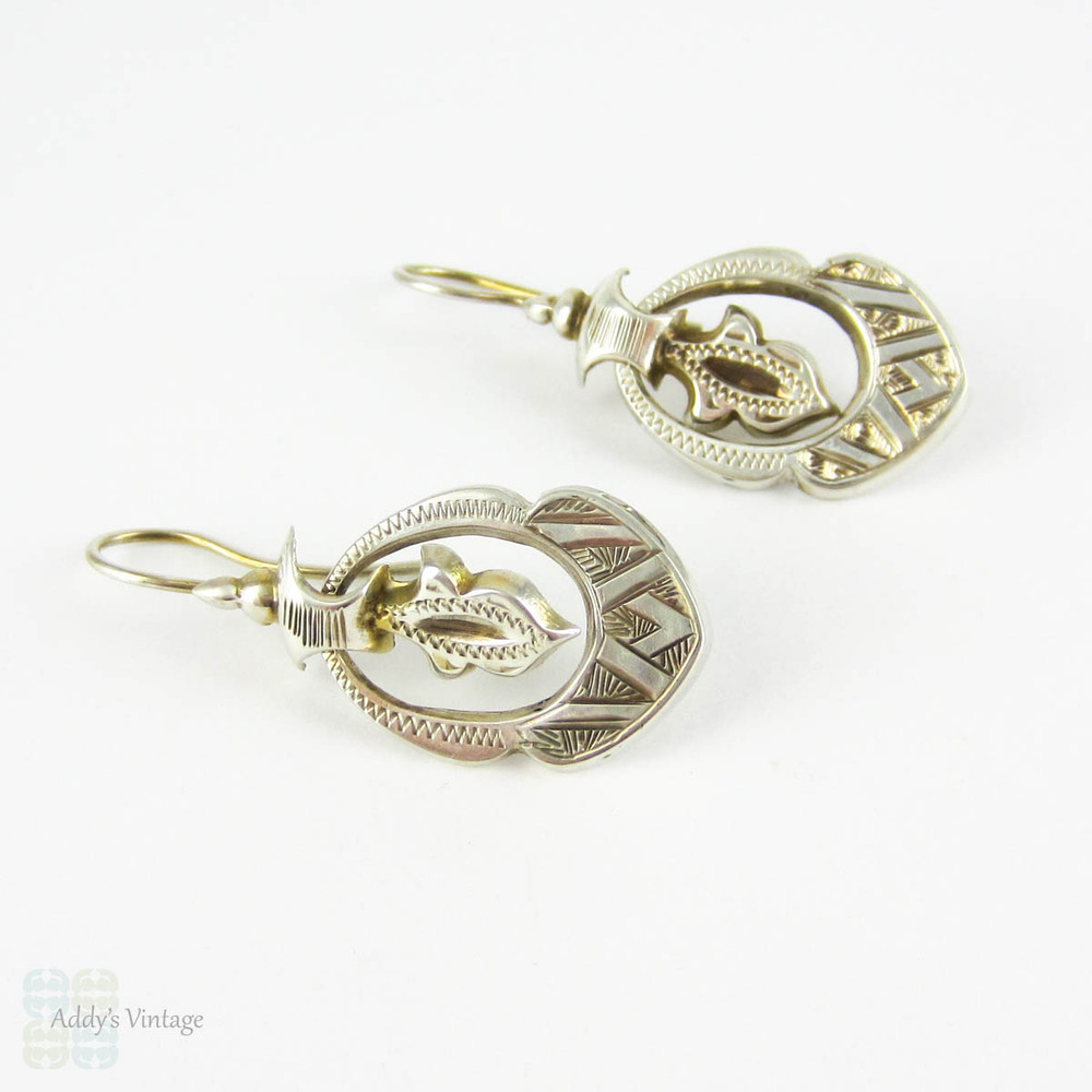 Antique Aesthetic Movement Earrings, Victorian Sterling Silver Geometric Design Dangle Earrings with Moveable Drops, Circa 1880s.