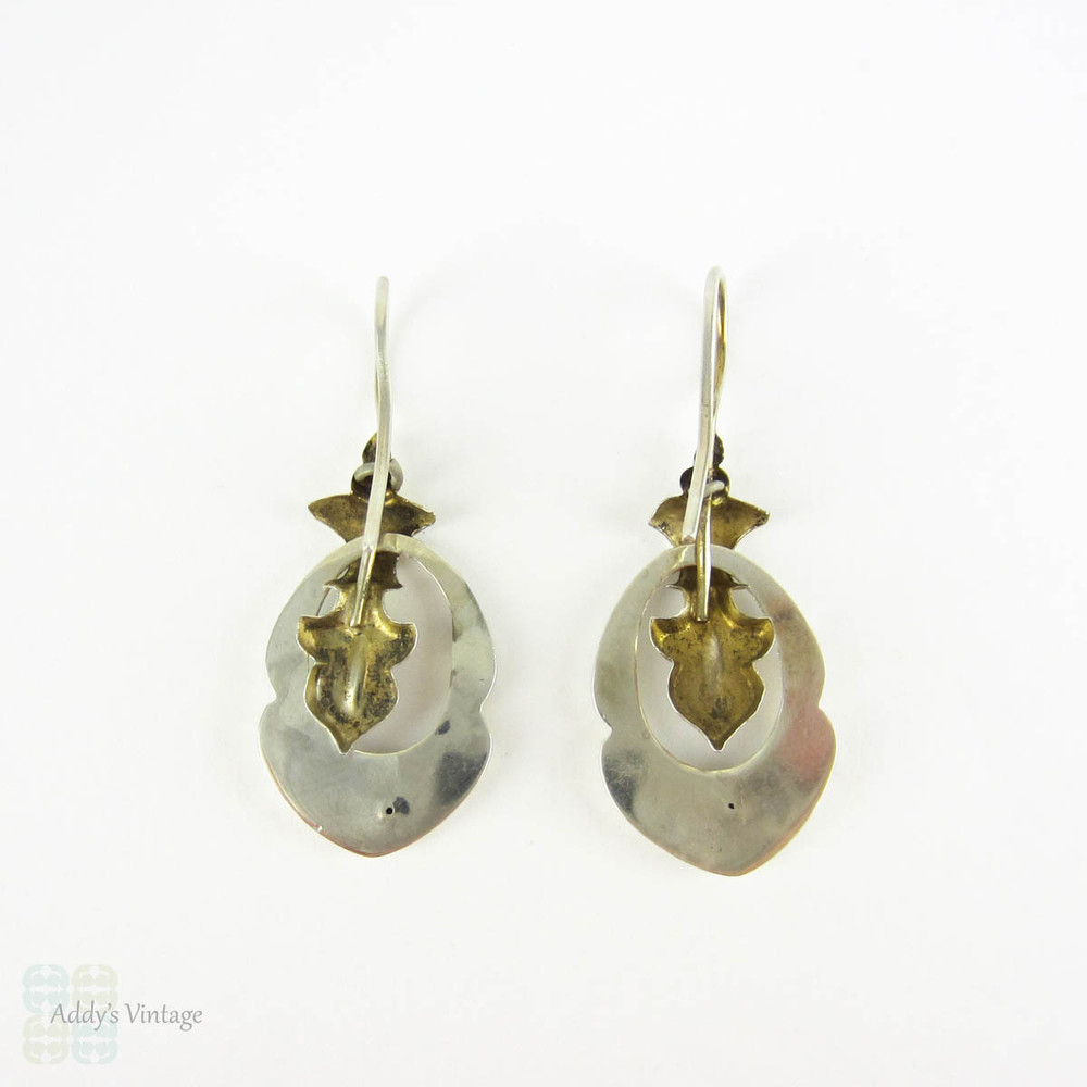 Antique Aesthetic Movement Earrings, Victorian Sterling Silver Geometric Design Dangle Earrings with Moveable Drops, Circa 1880s.