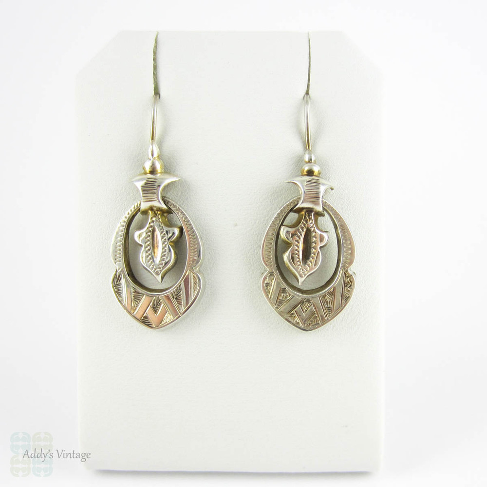Antique Aesthetic Movement Earrings, Victorian Sterling Silver Geometric Design Dangle Earrings with Moveable Drops, Circa 1880s.