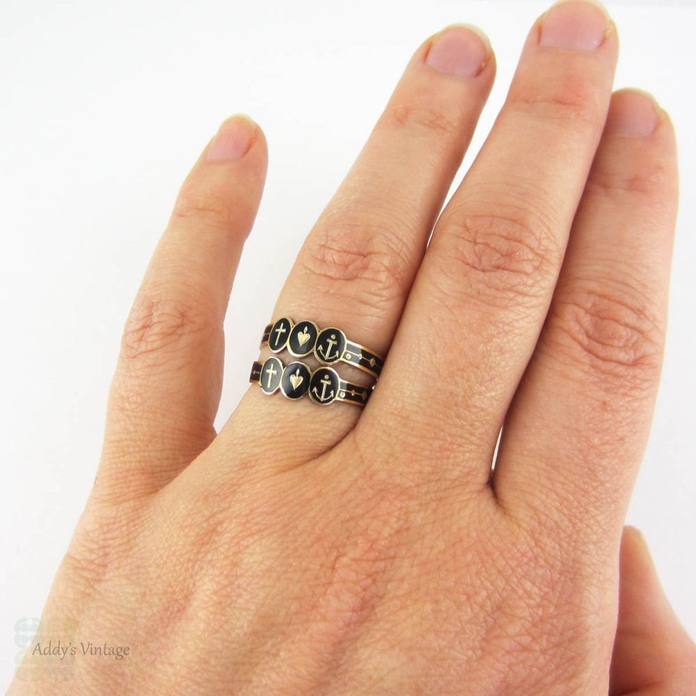 RESERVED Antique Faith, Hope and Charity Rings, Set of 2 Antique Black Enamel Rings.