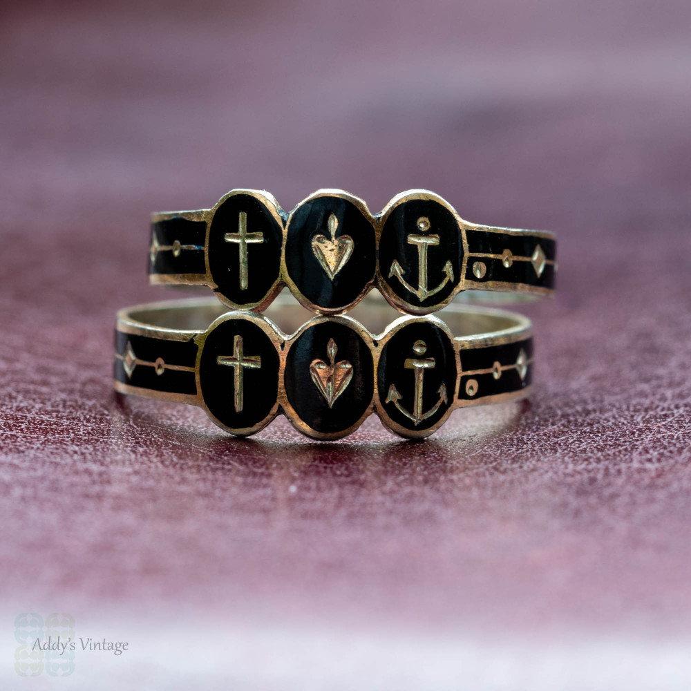 RESERVED Antique Faith, Hope and Charity Rings, Set of 2 Antique Black Enamel Rings.