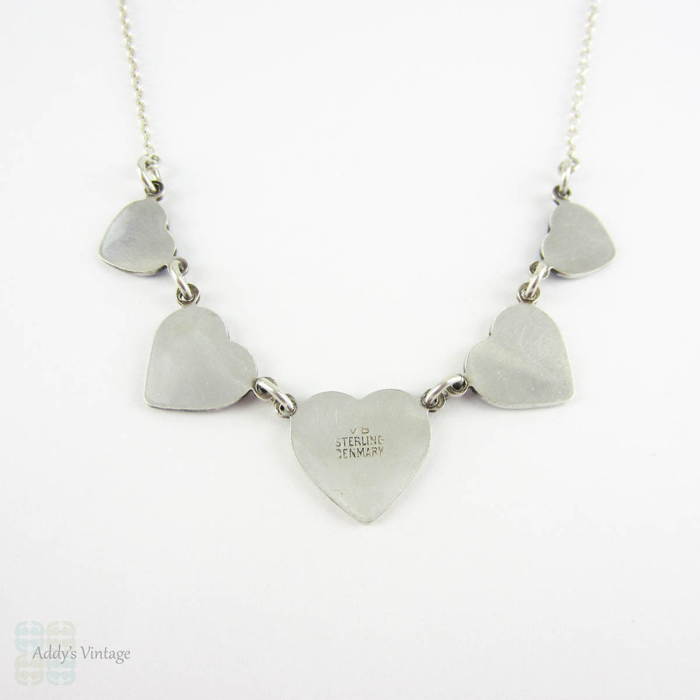 Mid Century Enamel Necklace by Volmer Bahner, Denmark. Scandinavian Sterling Silver & Blue Enamel Heart Design, Circa 1960s.