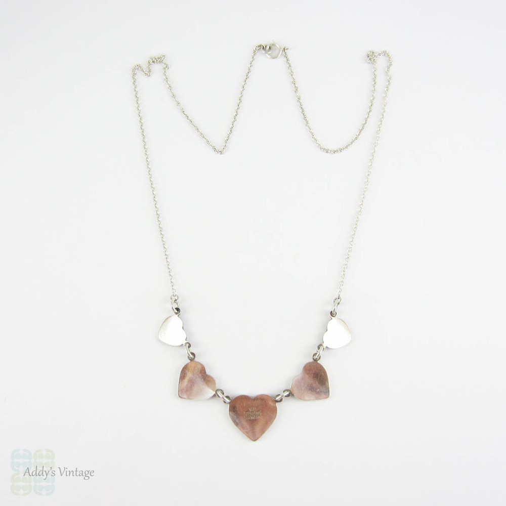 Mid Century Enamel Necklace by Volmer Bahner, Denmark. Scandinavian Sterling Silver & Blue Enamel Heart Design, Circa 1960s.