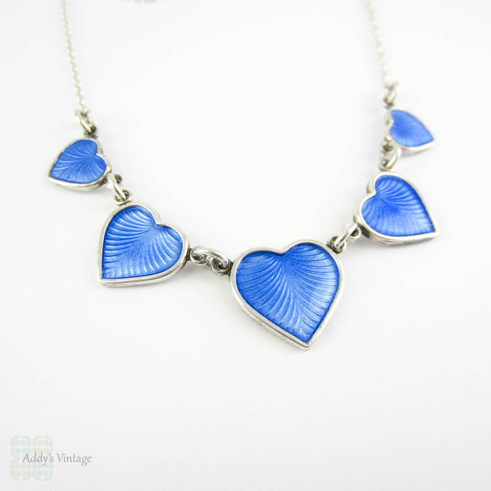 Mid Century Enamel Necklace by Volmer Bahner, Denmark. Scandinavian Sterling Silver & Blue Enamel Heart Design, Circa 1960s.