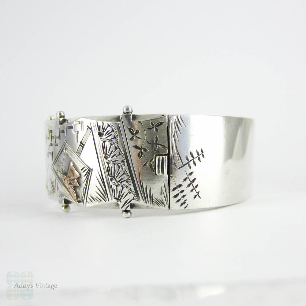 Victorian Aesthetic Sterling Silver Cuff Bracelet, Silver with 9 Carat Gold Overlay in Bird & Butterfly Design. Circa 1880s Wide Bracelet.