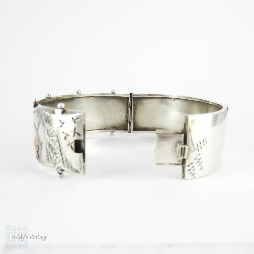 Victorian Aesthetic Sterling Silver Cuff Bracelet, Silver with 9 Carat Gold Overlay in Bird & Butterfly Design. Circa 1880s Wide Bracelet.