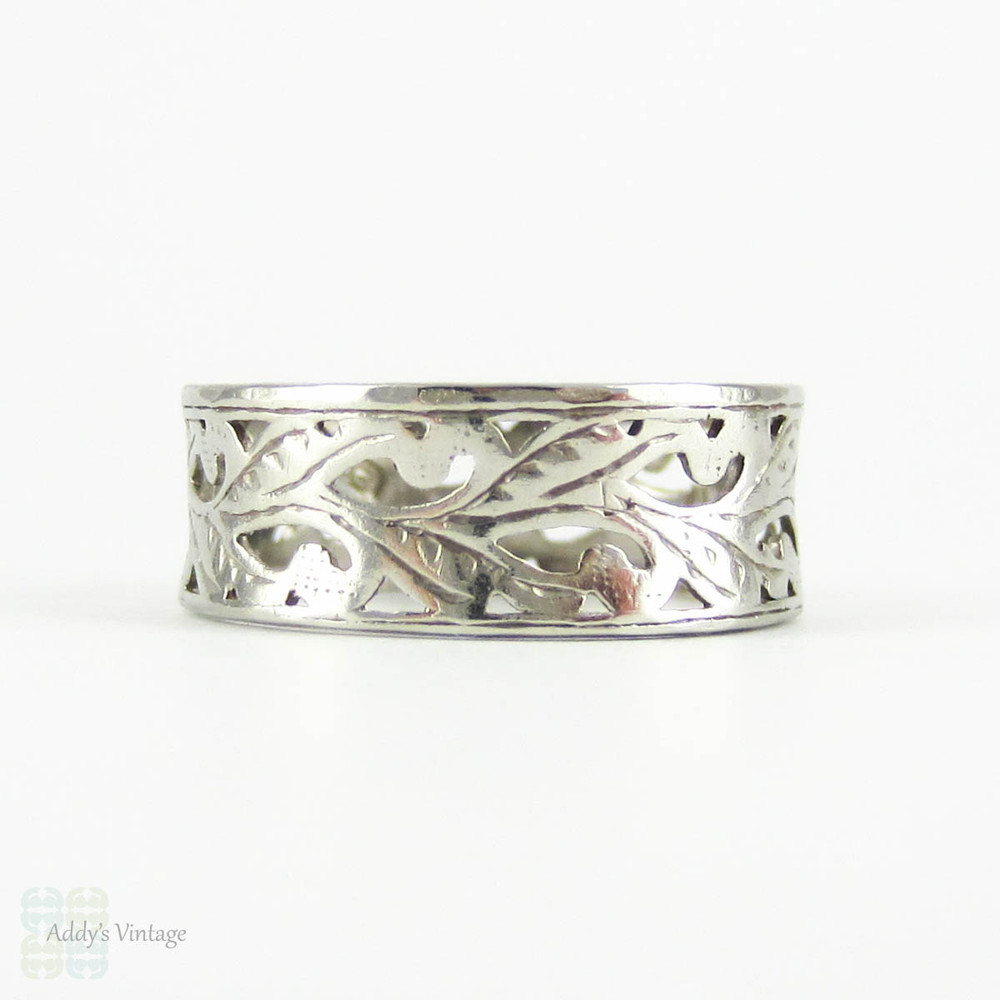 Vintage Platinum Wedding Ring, Wide Pierced Design Band with Foliate Engraving by Slade & Woolf. Circa 1930s, Size K / 5.3.