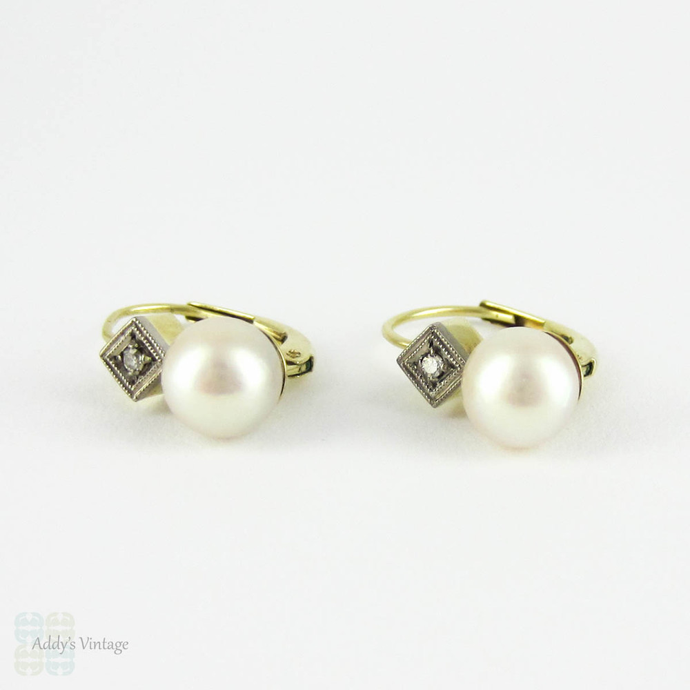 Vintage Cultured Pearl & Diamond Earrings, Mid Century 14 Carat Gold Dormeuse Earrings. Circa 1940s - 1960s.