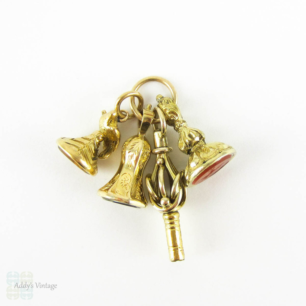 Set of 4 Antique 19th Century Seals, Fobs, Watch Key. Miniature Georgian Bird Fobs "Sarah", 18ct Gold, Gold Cased, and Gold Filled.