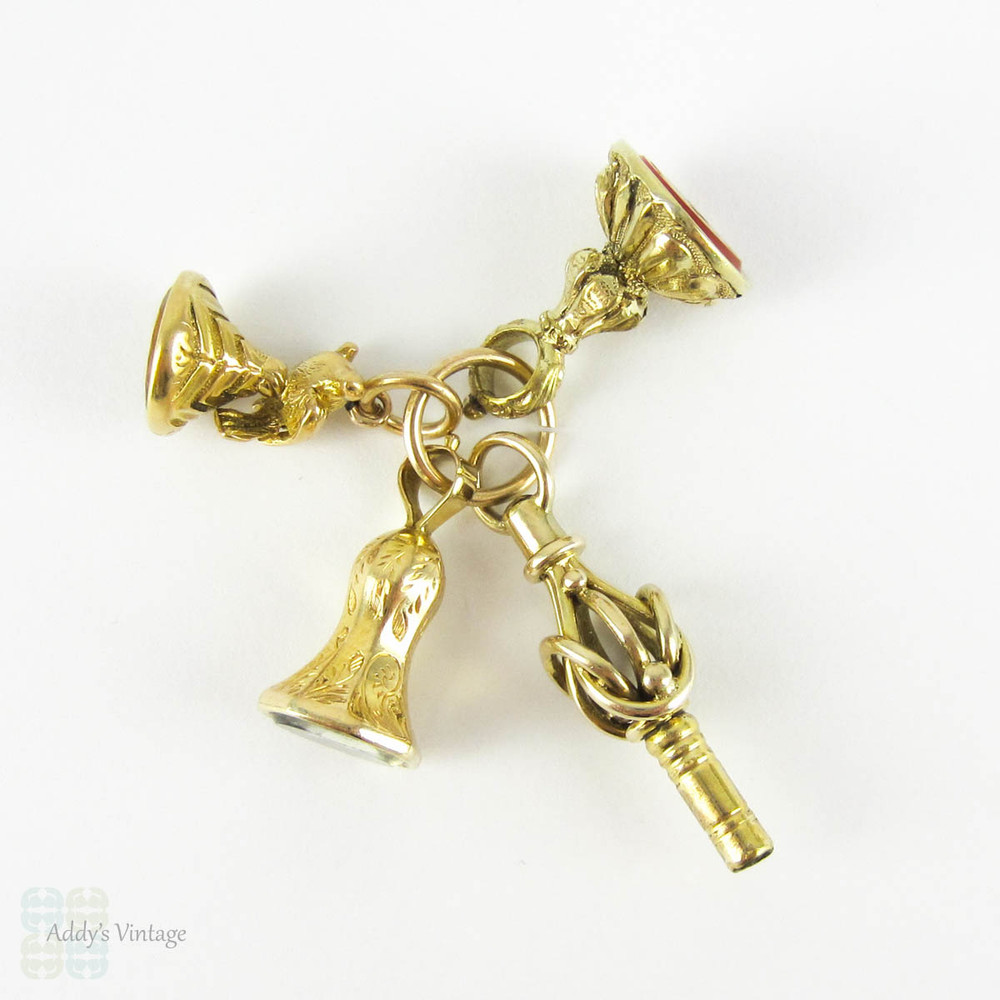 Set of 4 Antique 19th Century Seals, Fobs, Watch Key. Miniature Georgian Bird Fobs "Sarah", 18ct Gold, Gold Cased, and Gold Filled.