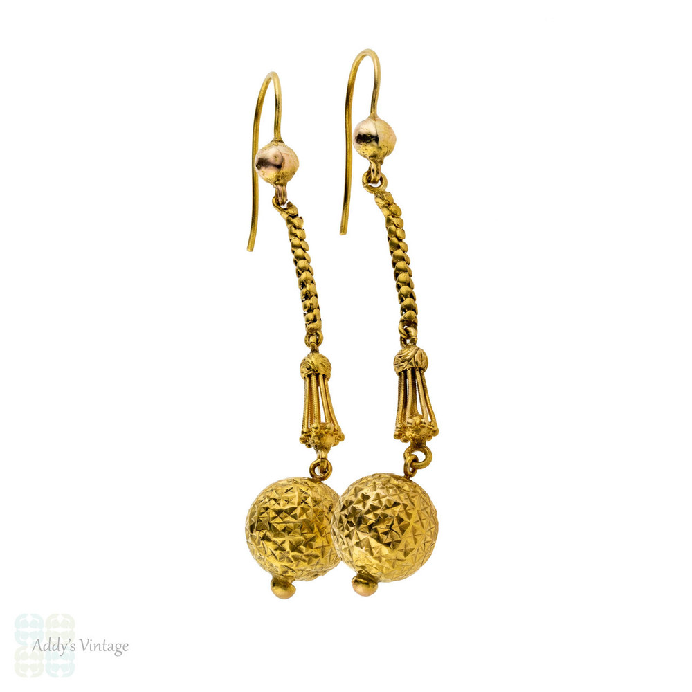 Victorian 15k Sphere Drop Earrings, 15ct Gold Antique Textured Dangles, Circa 1860s.