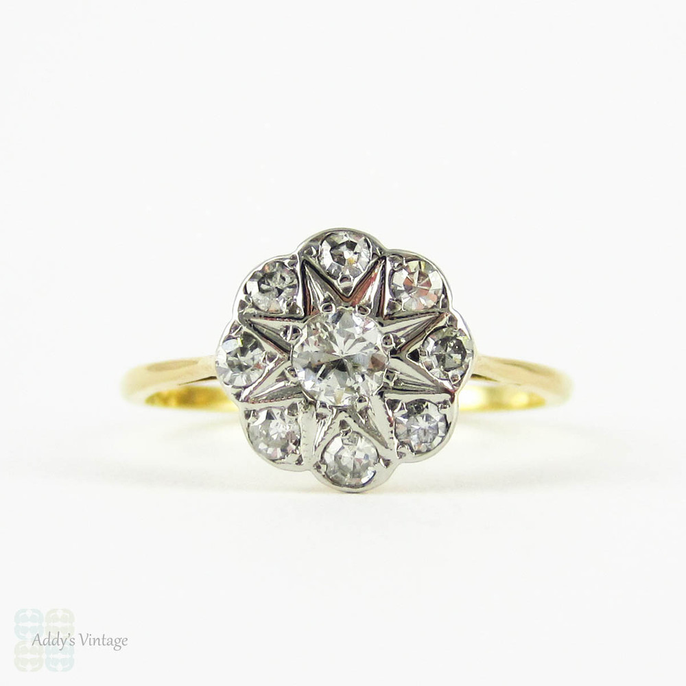 Vintage Diamond Flower Engagement Ring, Daisy Shape Diamond Cluster Ring, 0.33 ctw. Circa 1940s, 18 Carat Gold.