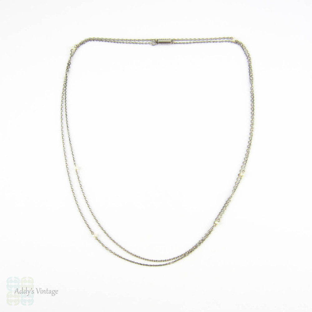 Antique Platinum & Cultured Pearl Chain, Circa 1910s Long Trace Chain with White Cultured Pearls. 71.5 cm / 28.15 inches.