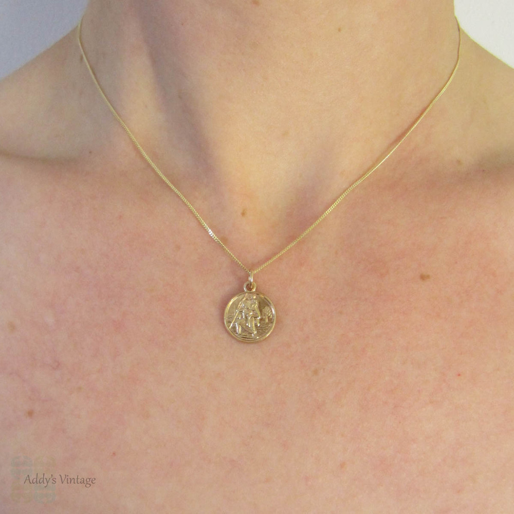 Vintage Saint Christopher Charm, 9 Carat Gold Charm. 1950s St. Christopher Charm on 9 Karat Gold Chain.