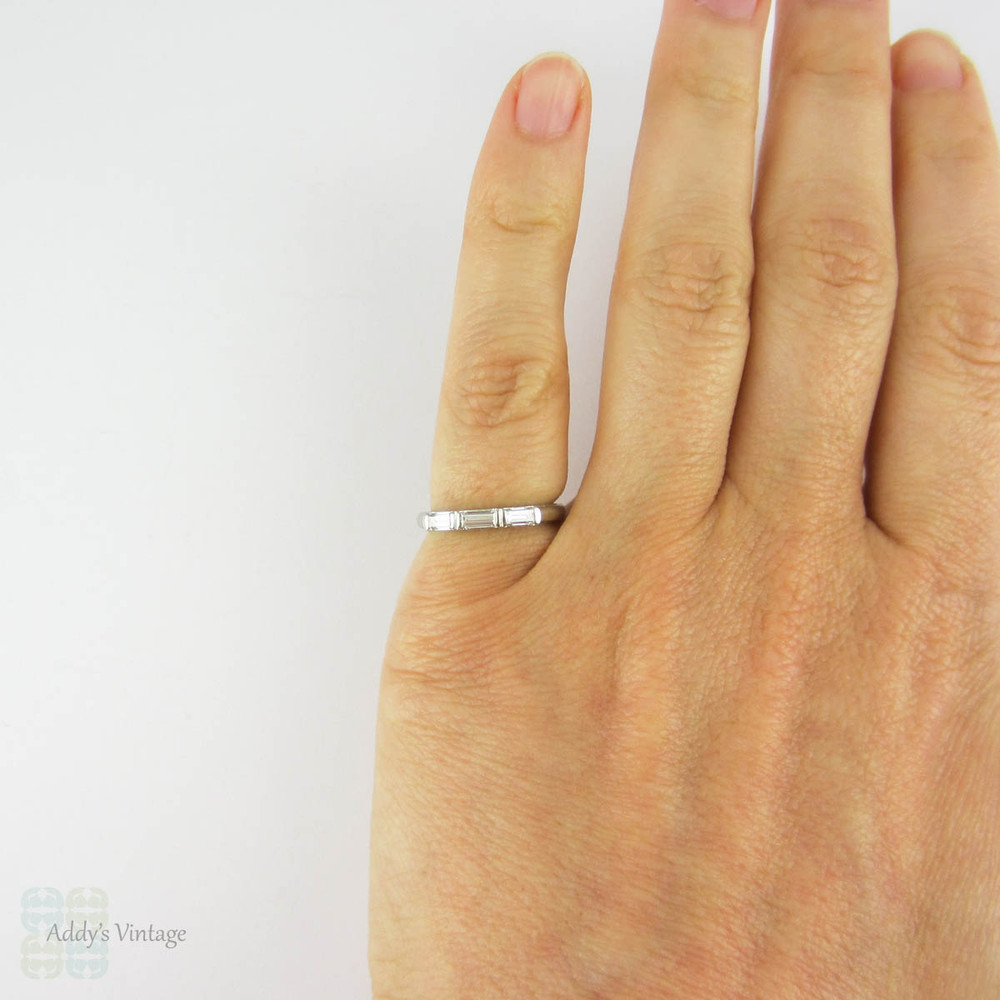 RESERVED. Vintage Baguette Diamond Wedding Ring,  Three Stone 14 Carat White Gold Ring with Straight Cut Baguette Diamonds.