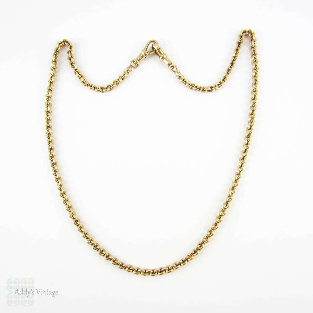 Antique 9 Carat Gold Chain Necklace, Heavy 19.3 gram Belecher Link 43 cm / 17 inch Chain With Dog Clips, Circa 1900s.