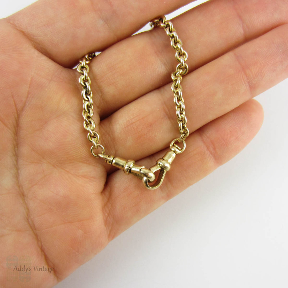 Antique 9 Carat Gold Chain Necklace, Heavy 19.3 gram Belecher Link 43 cm / 17 inch Chain With Dog Clips, Circa 1900s.