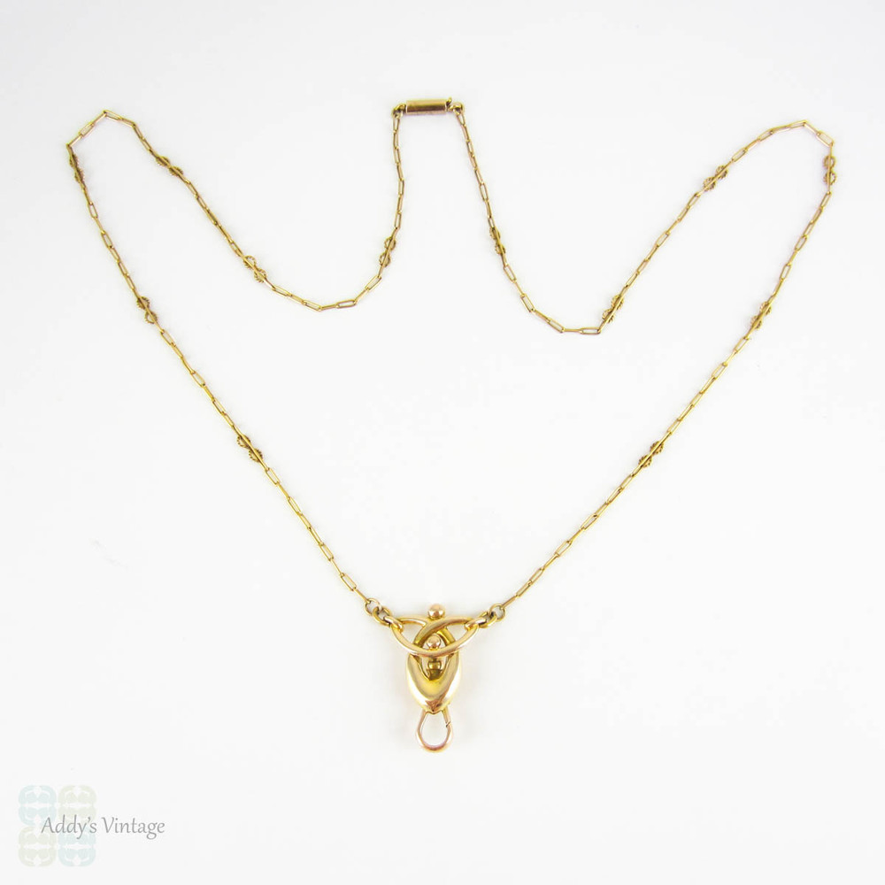 PAYMENT Art Nouveau 15ct Gold Necklace, Fancy Trombone Link Chain with Large Knot Design Pendant and Dog Clip for Pendant, Circa 1910s.